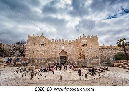 Stock Photo - Israel, Damascus; Jerusalem, to capital of Syria, in times past, and from there, Damascus Gate is main entrance to Old City of Jerusalem. It is located in wall on city's northwest side where highway leads out to Nablus. Fotosearch