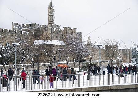 Stock Image - Israel, Jaffa Gate; Jerusalem, 2013, January 10, Snow in city. Fotosearch