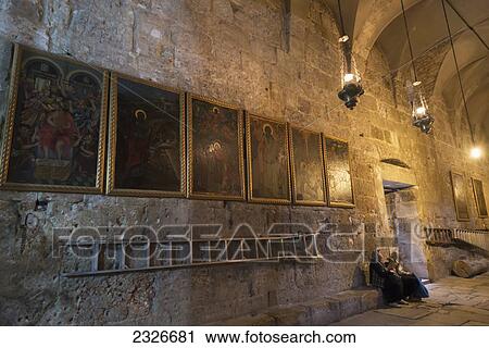 Israel, Jerusalem Old City, Church of Holy Sepulcher; Jerusalem, Two female pilgrims sitting under paintings of holy scenes View Large Photo Image Stock Image - Israel, Jerusalem Old City, Church of Holy Sepulcher; Jerusalem, Two female pilgrims sitting under paintings of holy scenes. Fotosearch