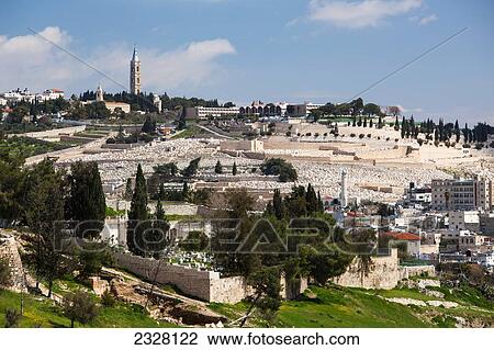 Stock Image - Israel, Looking from South end of old city of Jerusalem you can see Mount of Olives to East; Jerusalem. Fotosearch