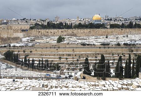 Stock Image - Israel, Mount of Olives; Jerusalem, 2013, Snow in Jerusalem on January 10. Fotosearch