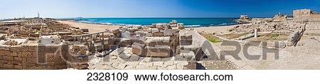 Stock Photo - Israel, near town of Caesarea. Ancient Caesarea Maritima city and harbor was built by Herod Great. city has been populated through late Roman and Byzantine era; Caesarea Maritima National Park, Caesarea Maritima is a national park on Israeli coastline. Fotosearch