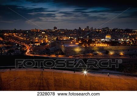 Stock Photo - Israel, Panoramic cityscape at night; Jerusalem. Fotosearch