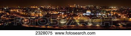 Stock Photography - Israel, Panoramic cityscape from Mount of Olives at night; Jerusalem. Fotosearch