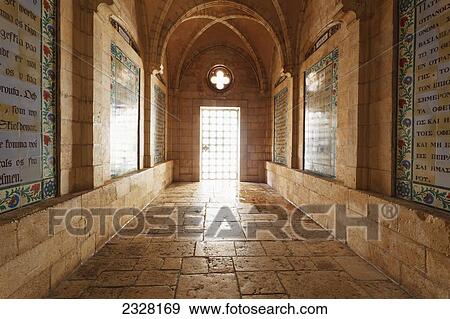 Stock Photo - Israel, This church is built over cave in which Jesus was said to have taught disciples prayer that begins Our Father who art in heaven; Jerusalem. Fotosearch