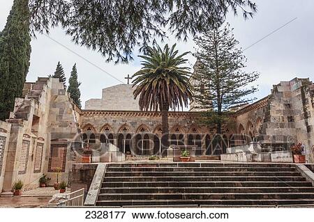 Stock Photo - Israel, This church is built over cave in which Jesus was said to have taught disciples prayer that begins Our Father who art in heaven; Jerusalem. Fotosearch
