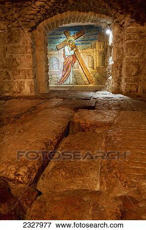Stock Photo - Israel, View of mural with Jesus Christ; Jerusalem. Fotosearch