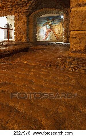 Stock Photograph - Israel, View of mural with Jesus Christ; Jerusalem. Fotosearch