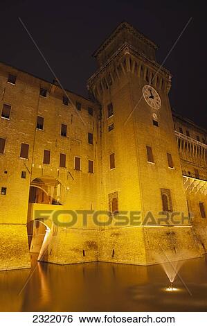 Italy, Emilia-Romagna, Ferrara, Illuminated Castello Estense walls and tower at night View Large Photo Image Stock Photograph - Italy, Emilia-Romagna, Ferrara, Illuminated Castello Estense walls and tower at night. Fotosearch