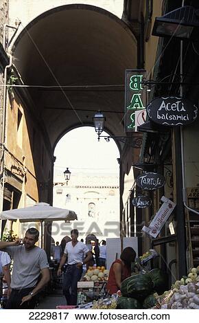 Stock Photo - Italy, Food Market In Via Clavature Leading To Piazza Maggiore; Bologna. Fotosearch