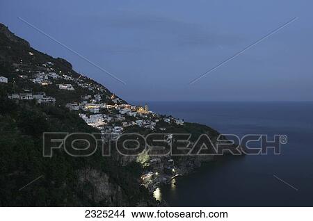 Italy, Salerno, Village along Amalfi coast at night; Positano View Large Photo Image Picture - Italy, Salerno, Village along Amalfi coast at night; Positano. Fotosearch