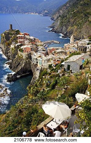 Italy, View of town and sea bay; Vernazza View Large Photo Image Stock Photo - Italy, View of town and sea bay; Vernazza. Fotosearch
