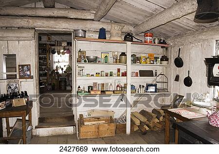 Stock Photo - Items on the shelves in Holiday Menor's Homestead general store; Wyoming, United States of America. Fotosearch