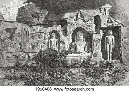 Stock Photograph - Jain Sculptures At The Gwalior Fort, Madhya Pradesh, India In The 19Th Century. From El Mundo En La Mano, Published 1878.. Fotosearch