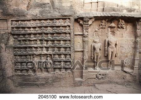 Stock Image - Jain Sculptures Carved In To The Cliff On The Southern Approach To The Fort, Gwalior, Madhya Pradesh, India. Fotosearch