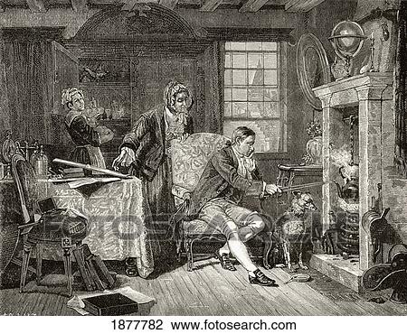 Stock Image - James Watt 1736 - 1819. Scottish Inventor And Mechanical Engineer Observing Steam Rising From A Kettle When He Was A Young Man. From Nuestro Siglo, Published Barcelona 1883.. Fotosearch