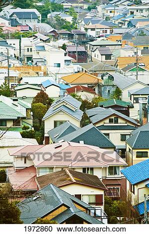 Japan, Kamakura, Hase-Dera Temple, Colorful Tiled Rooftops Of Japanese Houses. View Large Photo Image Stock Image - Japan, Kamakura, Hase-Dera Temple, Colorful Tiled Rooftops Of Japanese Houses.. Fotosearch