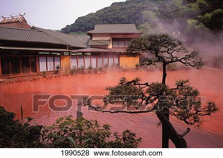 Stock Photo - Japan, Kyushu, Beppu, Volcanic Pool, Spa Thermal Blood Red Lake. Fotosearch