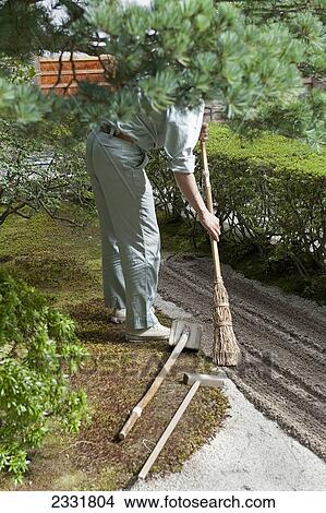 Picture - Japan, Man Working In Landscaped Garden; Kyoto. Fotosearch