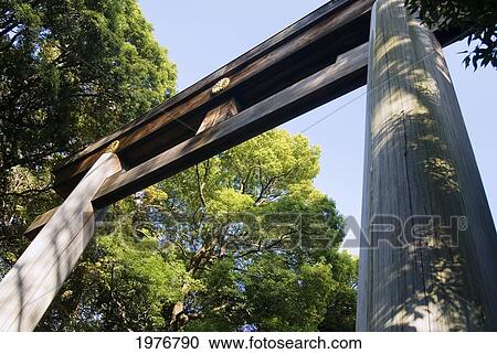Stock Image - Japan, Meiji-Jingu Temple; Tokyo, Wooden gate. Fotosearch