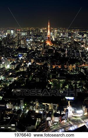 Stock Image - Japan, Roppongi; Tokyo, Tokyo Tower And City Lights From Tokyo Observation Deck. Fotosearch