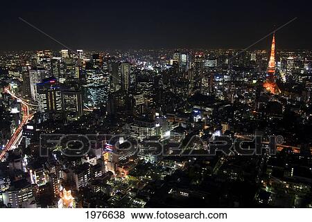 Stock Photo - Japan, Roppongi; Tokyo, Tokyo Tower And City Lights From Tokyo Observation Deck. Fotosearch