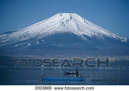 Stock Photograph - Japan, Snow Capped Mt. Fuji, Fishing Boats At Lake Yamanaka. Fotosearch
