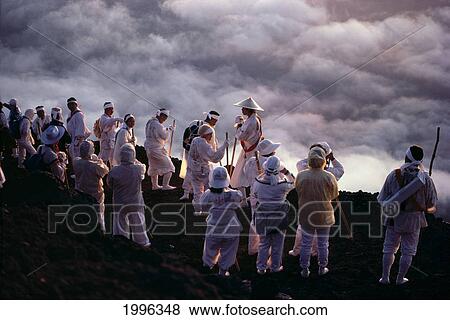 Japan, Sunrise On Mt. Fuji, Hiking Pilgrimage In Native Dress A70G View Large Photo Image Stock Photo - Japan, Sunrise On Mt. Fuji, Hiking Pilgrimage In Native Dress A70G. Fotosearch