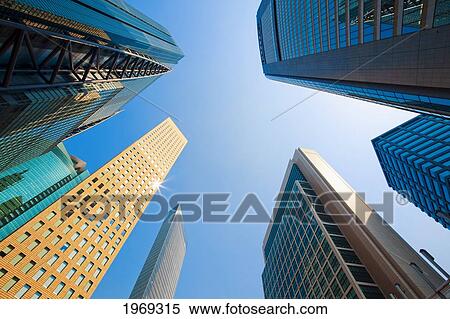 Japan, Tokyo, Shiodome, Upward Looking Veiw Of Modern City Buildings. View Large Photo Image Stock Photography - Japan, Tokyo, Shiodome, Upward Looking Veiw Of Modern City Buildings.. Fotosearch