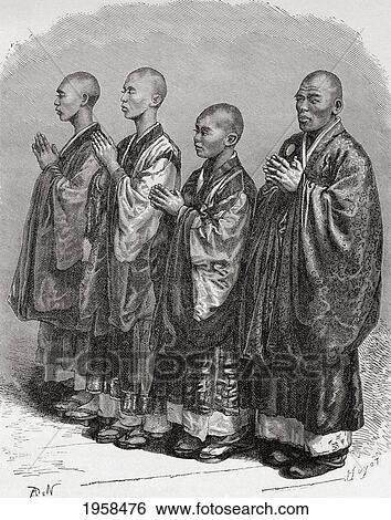 Stock Photograph - Japanese Monks In Prayer In The 19Th Century. From El Mundo En La Mano Published 1875.. Fotosearch