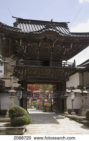 Stock Image - Japanese Temple Entrance Gate; Koyasan, Wakayama, Japan. Fotosearch
