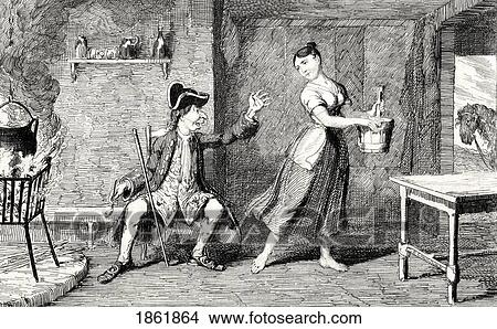Picture - Jeannie Deans In Her Father's Cottage Engraving By George Cruikshank Dated 1843 Of A Scene From Sir Walter Scott's Novel The Heart Of Midlothian. Fotosearch