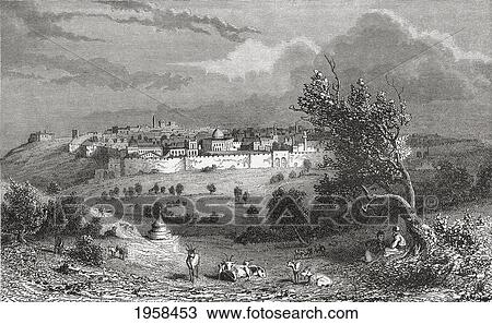 Stock Image - Jerusalem, Palestine Seen From The Mount Of Olives In The 19Th Century. From El Mundo En La Mano Published 1875.. Fotosearch