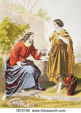 Stock Photograph - Jesus At The Well With The Woman Of Samaria. From The Holy Bible Published By William Collins, Sons, & Company In 1869. Chromolithograph By J. M. Kronheim & Co.. Fotosearch
