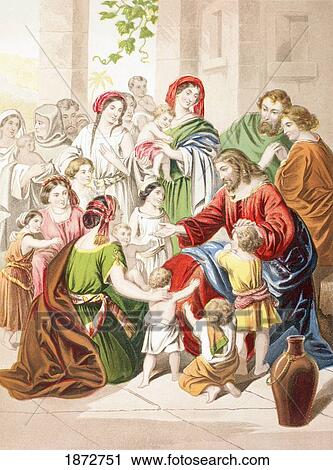 Stock Image - Jesus Blessing Little Children. Suffer The Little Children To Come Unto Me. From The Holy Bible Published By William Collins, Sons, & Company In 1869. Chromolithograph By J. M. Kronheim & Co.. Fotosearch