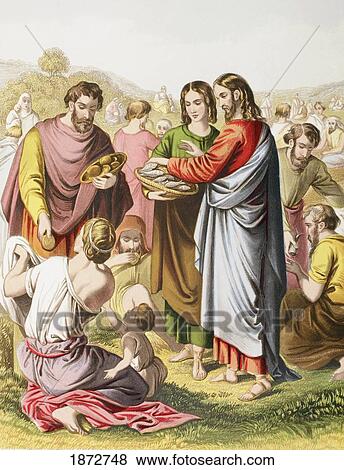 Stock Photo - Jesus Feeding The Multitude. The Miracle Of Loaves And Fishes. From The Holy Bible Published By William Collins, Sons, & Company In 1869. Chromolithograph By J. M. Kronheim & Co.. Fotosearch