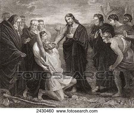 Stock Image - Jesus healing the blind. From a 19th century print.. Fotosearch