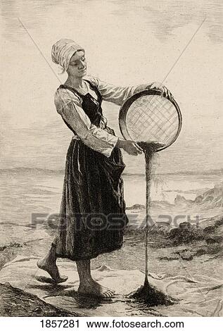 Stock Image - Jeune Bretonne Vannant De BlÃƒÆ’Ã‚Â© Noir Au Bord De La Mer. Young Bretonne Winnowing Buckwheat At The Seaside. From A Print By Cadart After Frederic Auguste Laguillermie, 1874. Fotosearch