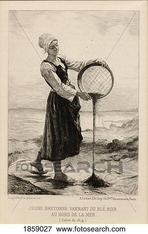 Stock Photo - Jeune Bretonne Vannant De BlÃƒÆ’Ã‚Â© Noir Au Bord De La Mer. Young Bretonne Winnowing Buckwheat At The Seaside. From A Print By Cadart After Frederic Auguste Laguillermie, 1874. Fotosearch