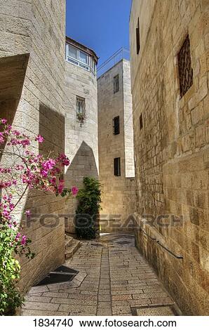 Stock Image - Jewish Quarter, Jerusalem, Israel; Stone Alleyway In Walled City. Fotosearch