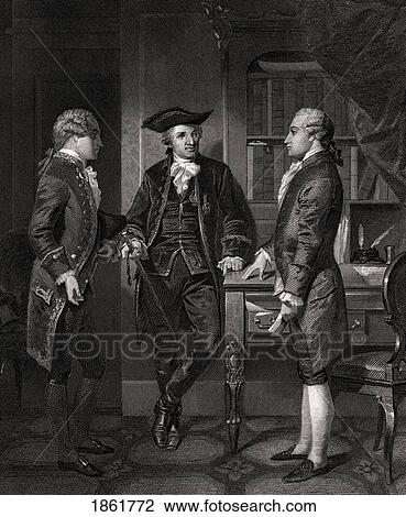 Stock Image - Johann Henry Jules Alexandre Von Robaii Baron De Kalb 1721 To 1780 Centre Introducing Lafayette To Silas Deane After Alonzo Chappel From Life And Times Of Washington Volume 1 Published 1857. Fotosearch
