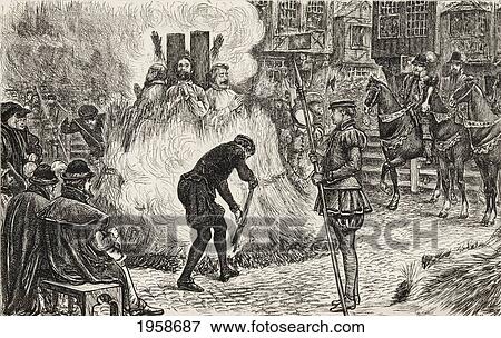 Stock Photo - John Bland, John Frankesh, Nicholas Sheterden, And Humphrey Middleton Burnt Alive For Heresy During The 16Th Century. From The Book Of Martyrs By John Foxe, Published C. 1865.. Fotosearch