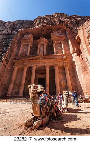 Stock Photo - Jordan, Camel resting in front of El Khazneh; Petra. Fotosearch