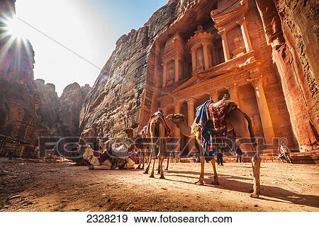 Stock Photo - Jordan, Camels in front of El Khazneh; Petra. Fotosearch