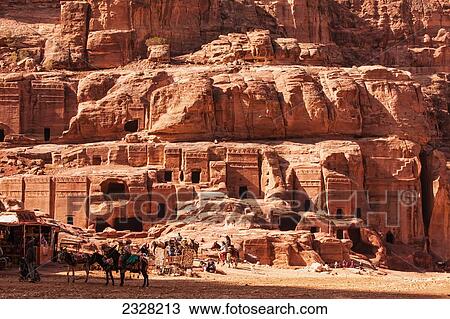 Jordan, Facades of ancient rock buildings; Petra View Large Photo Image Stock Image - Jordan, Facades of ancient rock buildings; Petra. Fotosearch