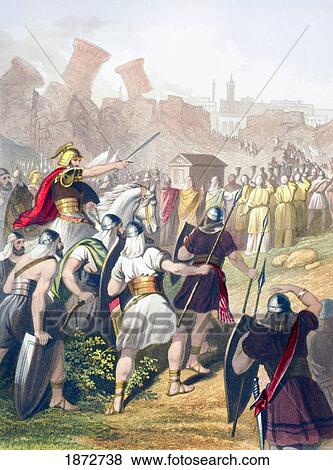 Stock Photo - Joshua At The Head Of The Israelite Army In Front Of The Walls Of Jericho. From The Holy Bible Published By William Collins, Sons, & Company In 1869. Chromolithograph By J. M. Kronheim & Co.. Fotosearch