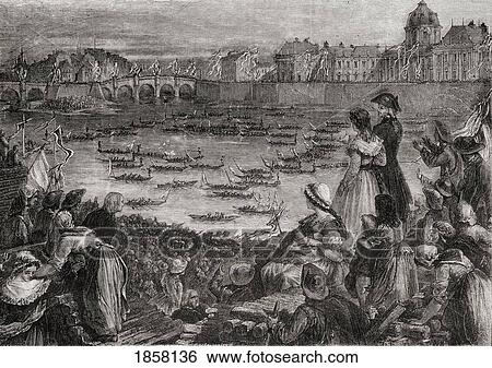 Stock Photograph - Joust On The Water To Commemorate The Grande Federation. From Histoire De La Revolution Francaise By Louis Blanc.. Fotosearch
