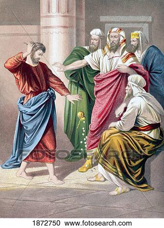 Stock Image - Judas Repents, And In Remorse Returns The Thirty Pieces Of Silver. From The Holy Bible Published By William Collins, Sons, & Company In 1869. Chromolithograph By J. M. Kronheim & Co.. Fotosearch