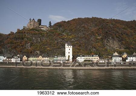 Stock Image - Katz Castle Above Sankt Goarshausen, As Seen From The Rhine River, Rhineland-Palatinate, Germany. Fotosearch