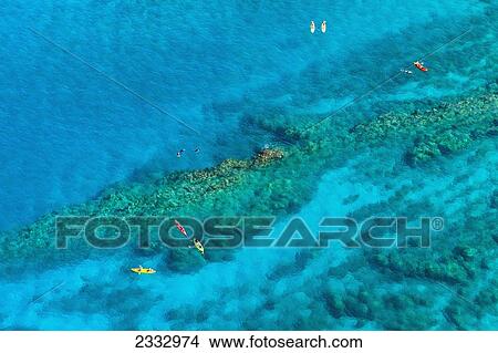Picture - Kayakers and stand up paddleboarders over tropical reef; Makena, Maui, Hawaii, United States of America. Fotosearch